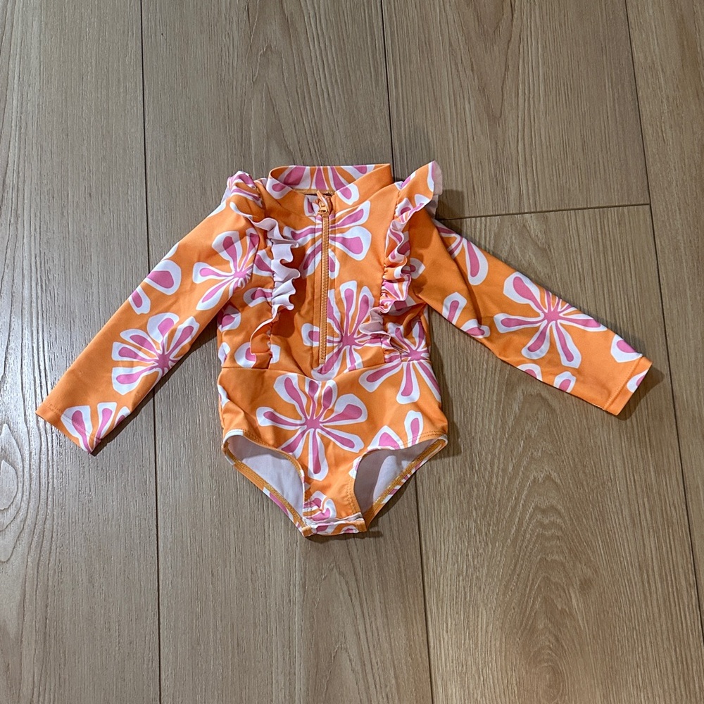 Jessica Simpson Orange and Pink Floral Ruffle One-Piece Swimsuit